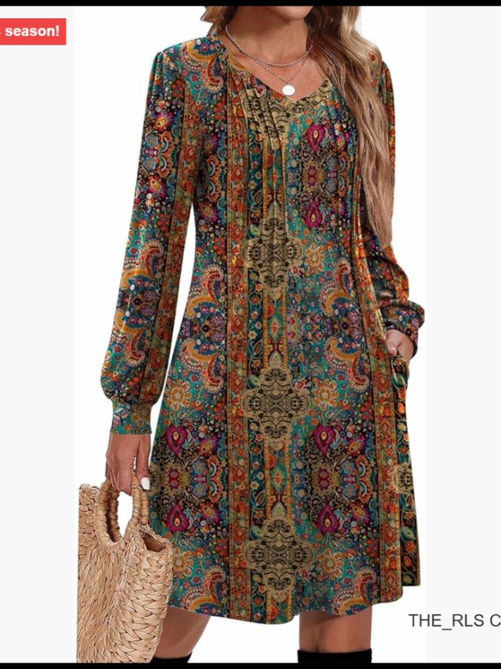 Long Sleeve Pleated V Neck A Line Tunic Dress Casual Fall Winter